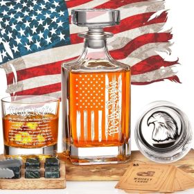 Patriotic Whiskey Decanter (Engraved "We The People" & American Flag) â€“ 750ml Set with 2 Glasses, Ideal Christmas