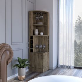 Syrah Corner Bar Cabinet; Eight Bottle Cubbies; Double Door; Two Open Shelves -Dark Brown