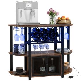 HOMCOM Wine Bar Cabinet with Charging Station and LED Lights, Industrial Liquor Cabinet Bar Stand for Home with 10-bottle Wine Rack, Glass Holder