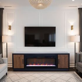 Aria 83 inch Fireplace TV Stand for TVs up to 95 inches, Minimal Assembly, Black and Walnut Finish